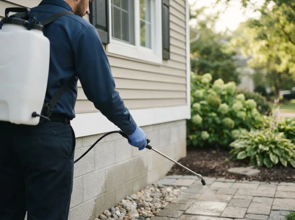Pest control technician inspecting a home in Thawville, IL
